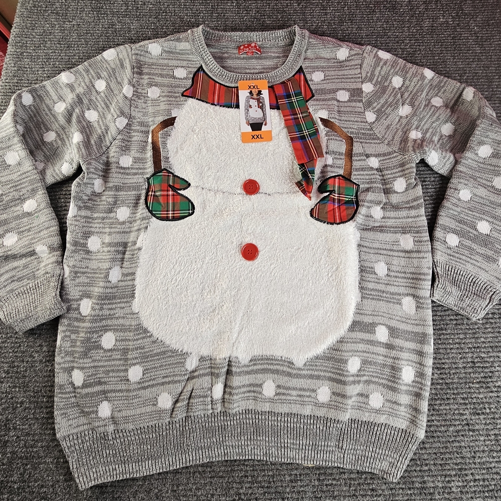 Womens 2XL Christmas Snowman Gray Sweater To Be Jolly New